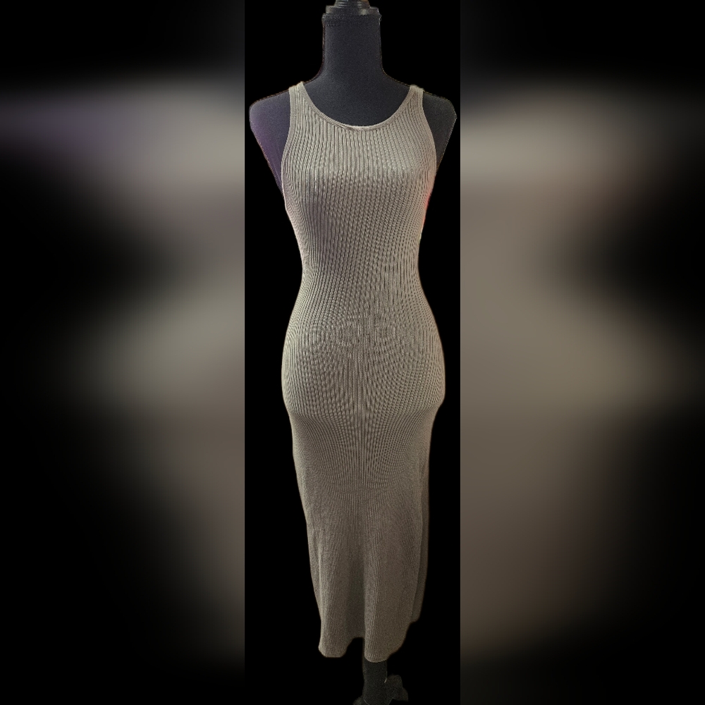 Grey Bodycon Knit Midi Dress With Slit & Open Back